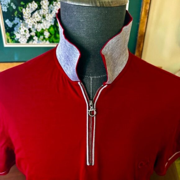 Salvatore Ferragamo Men's 1/4 Zip Embroidered Pique Polo Shirt, Red, L Excellent - Picture 2 of 13